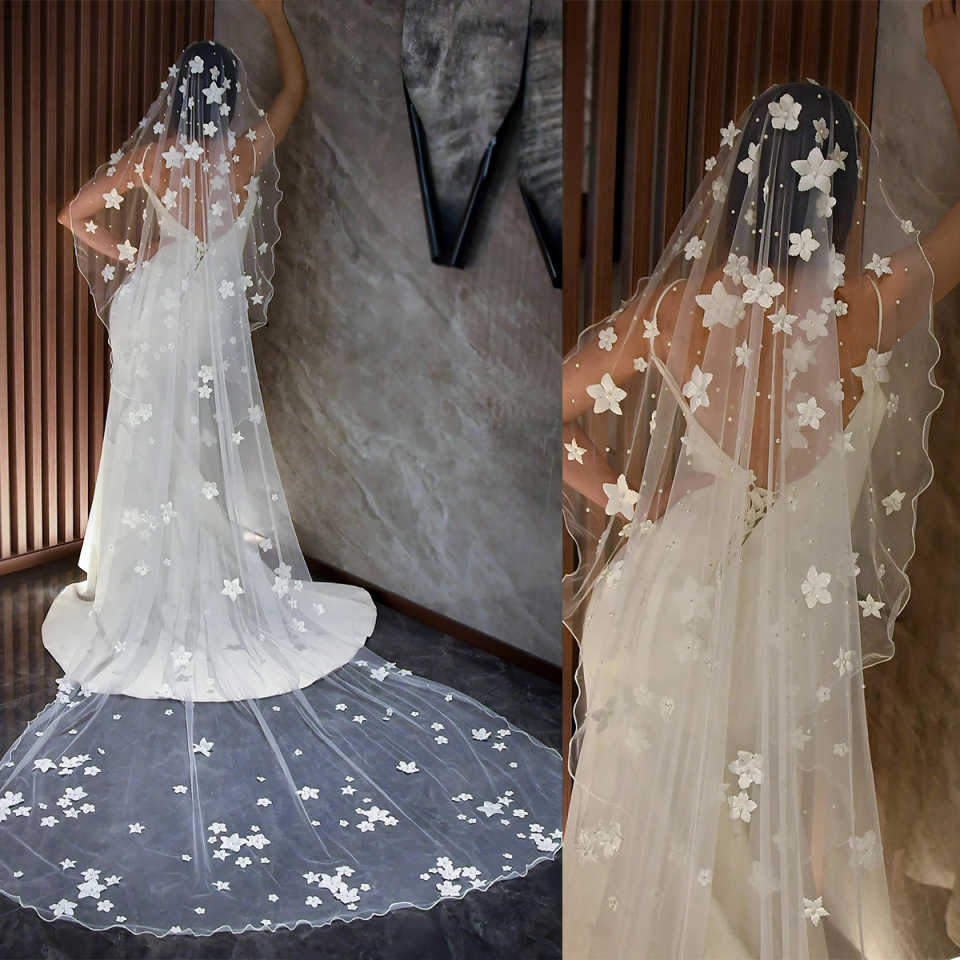Customized Bridal Veils Pearls Beads Wedding With Handmake Flowers Cathedral Train Velo Comb Veil Accessories