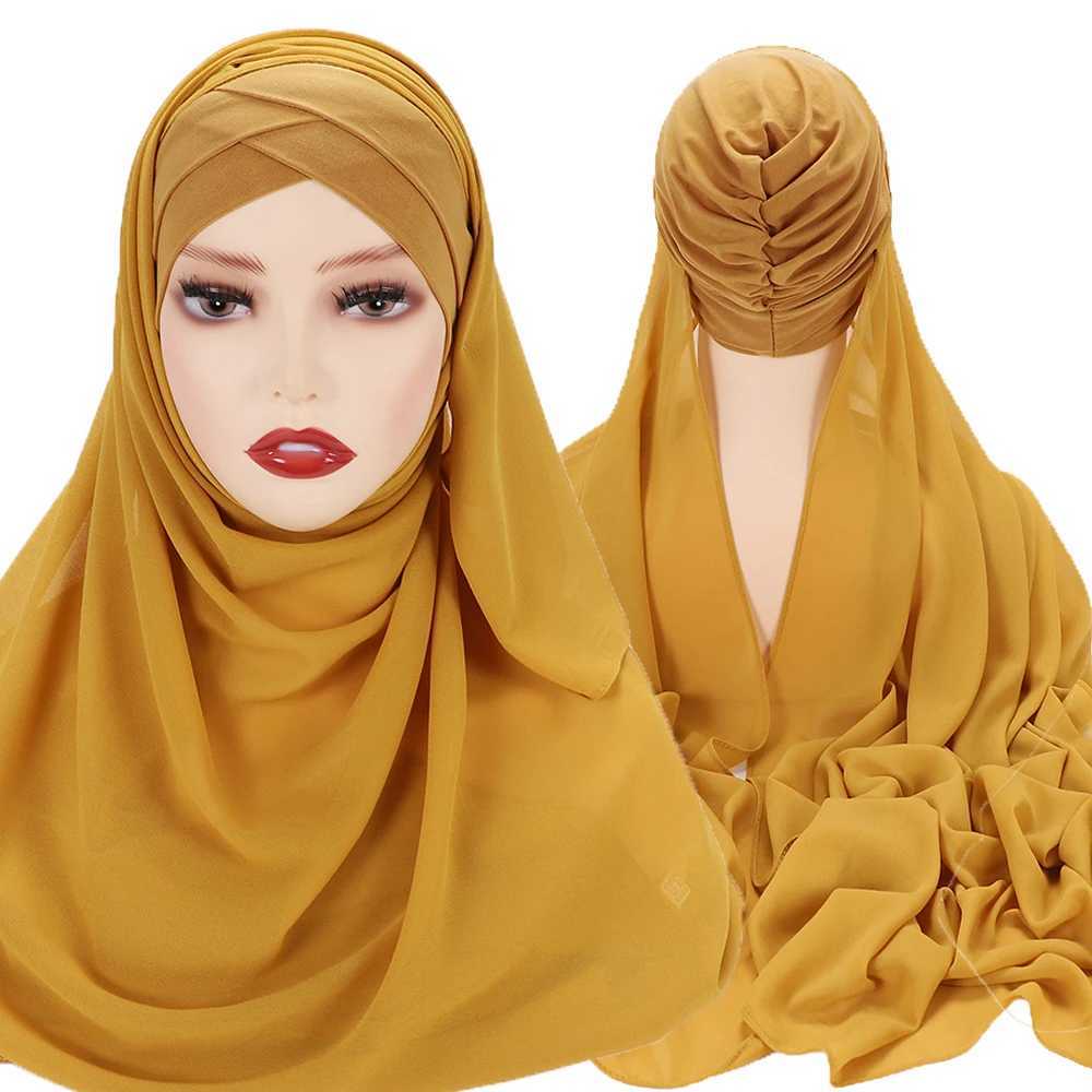 Instant Chiffon Headscarf with Cross Knitted Hat Brand Design Muslim Scarf Islamic Underwear 175X70CM X2503241