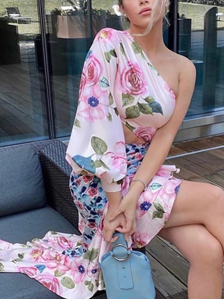 Floral Print Ruffle Skirt And Top Two Piece Set Elegant Women Summer Skirt Matching Suit Office Lady Chic Trumpet Skirt Outfits 250324