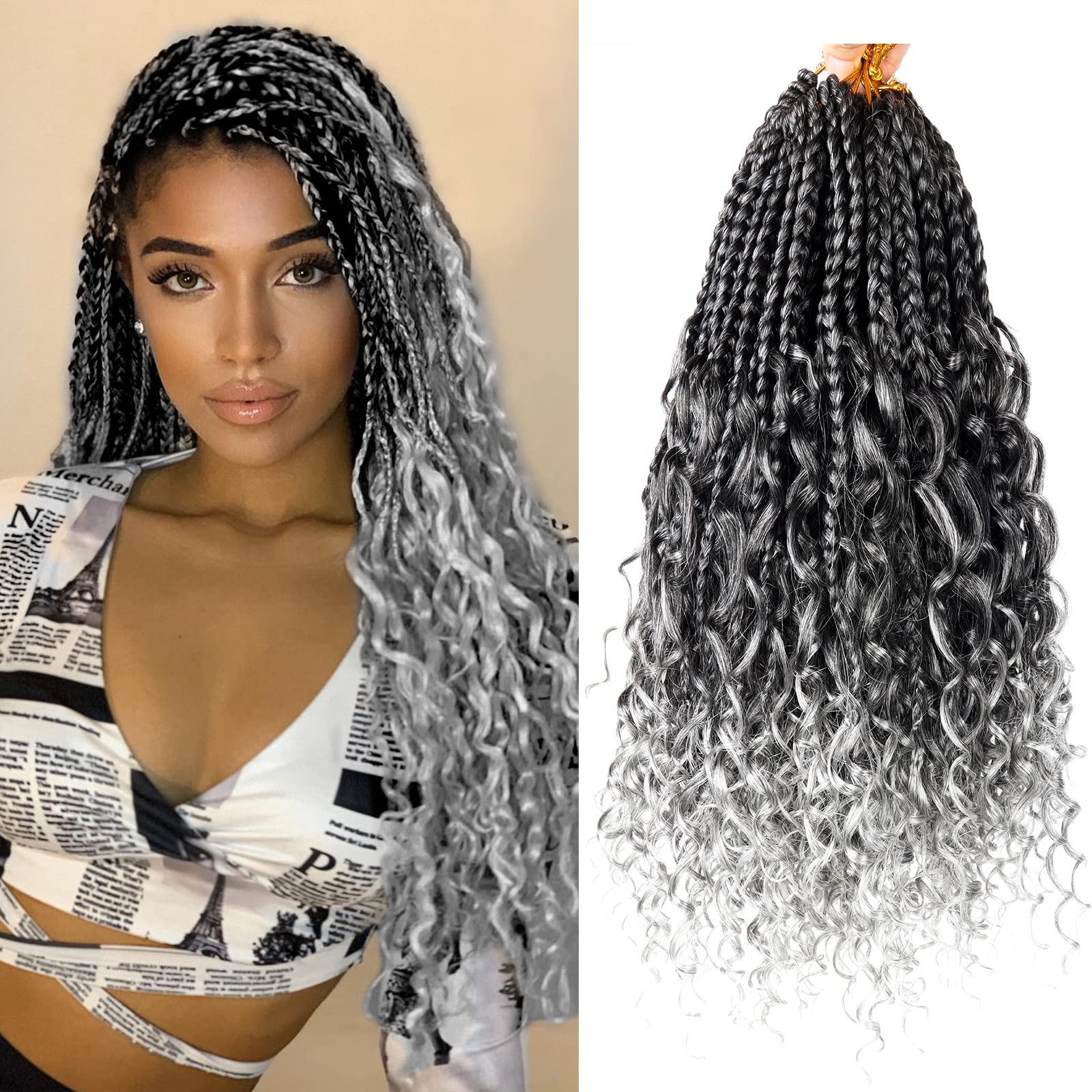 Goddess Bohemian Box Braids Crochet Hair - 36 Inch Curly Ends, 6 Packs Synthetic Curly Wave Ends Pre Looped Braiding Hair Extensions for Black Women