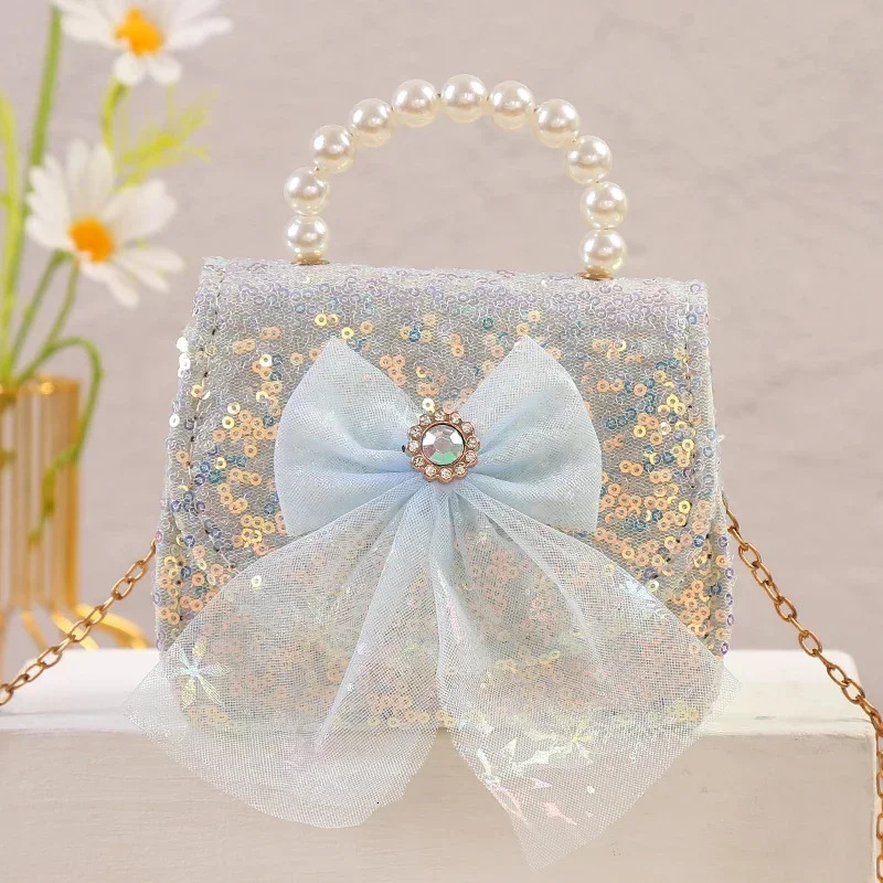 Fashion lace bow childrens shoulder bag pink glitter coin wallet girl pearl handbag Korean princess chain cross body bag 250322