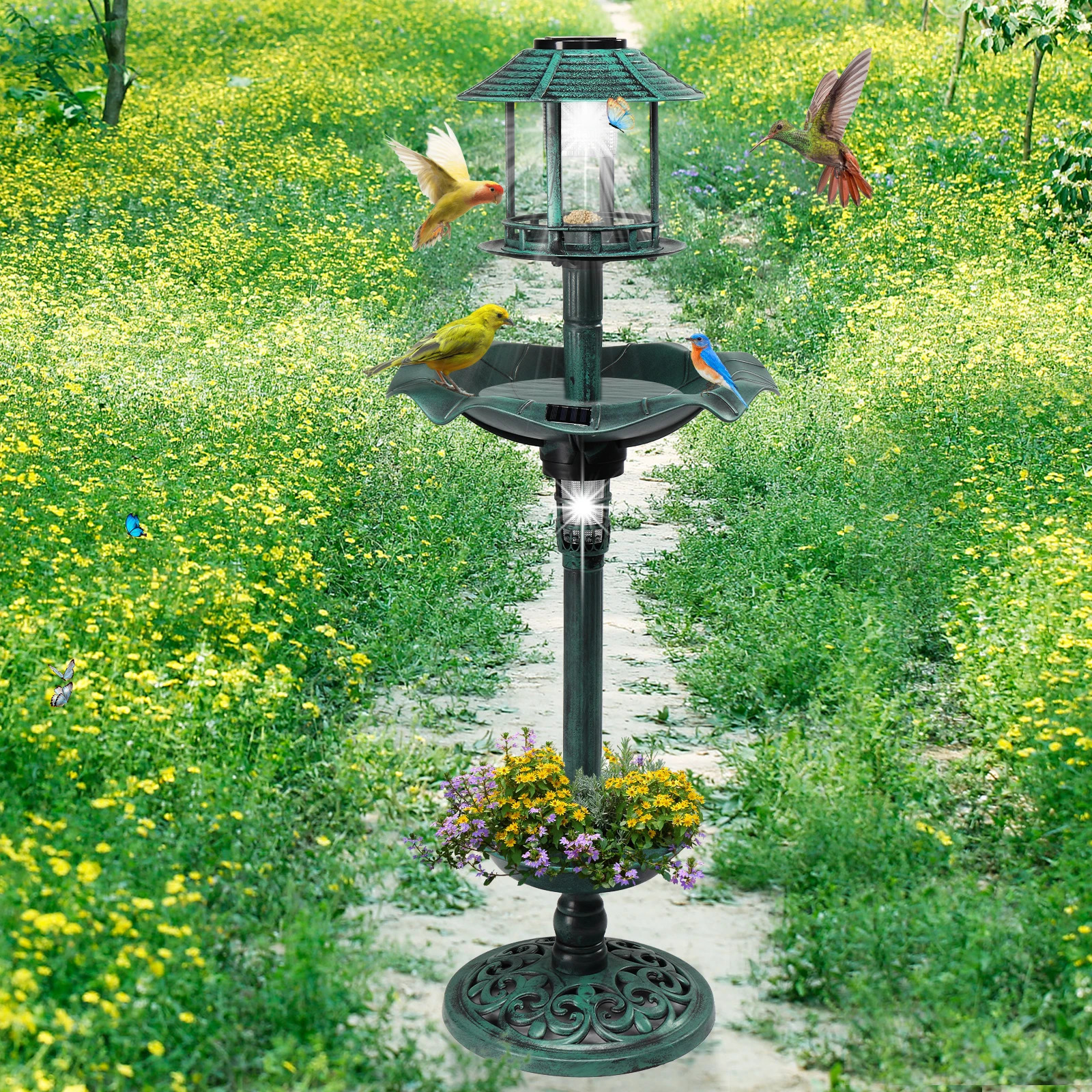 Outdoor solar light base bird bath resin fountain decoration with plants and feeder 250320