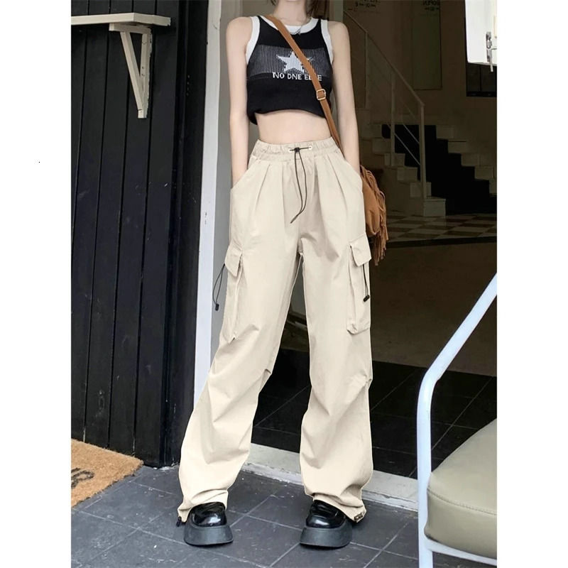 Womens casual pants solid low waisted oversized pockets wide leg Y2K streetwear sports 250324Z