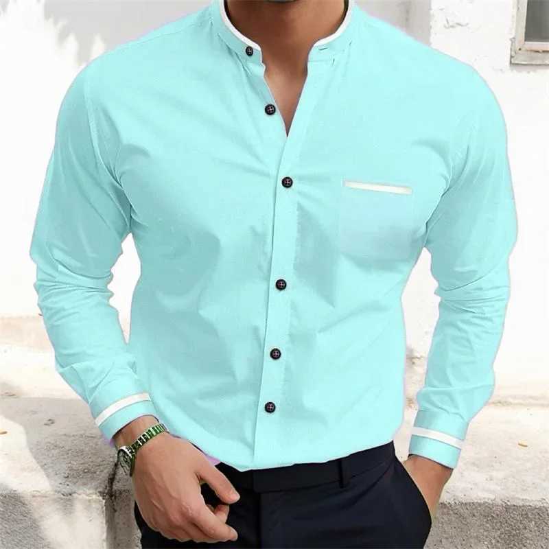 Mens standing collar long sleeved shirt pink gray blue solid color pocket shirt fashionable comfortable casual X250324