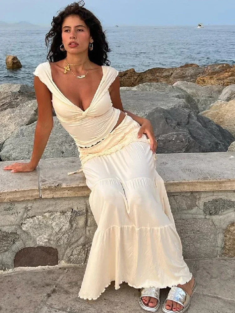Fashion Solid Folds Long Skirt Sets For Women Summer Sexy Off Shoulder V-neck Cropped Tops High Waist Long Skirts 2 Pieces Sets 250324