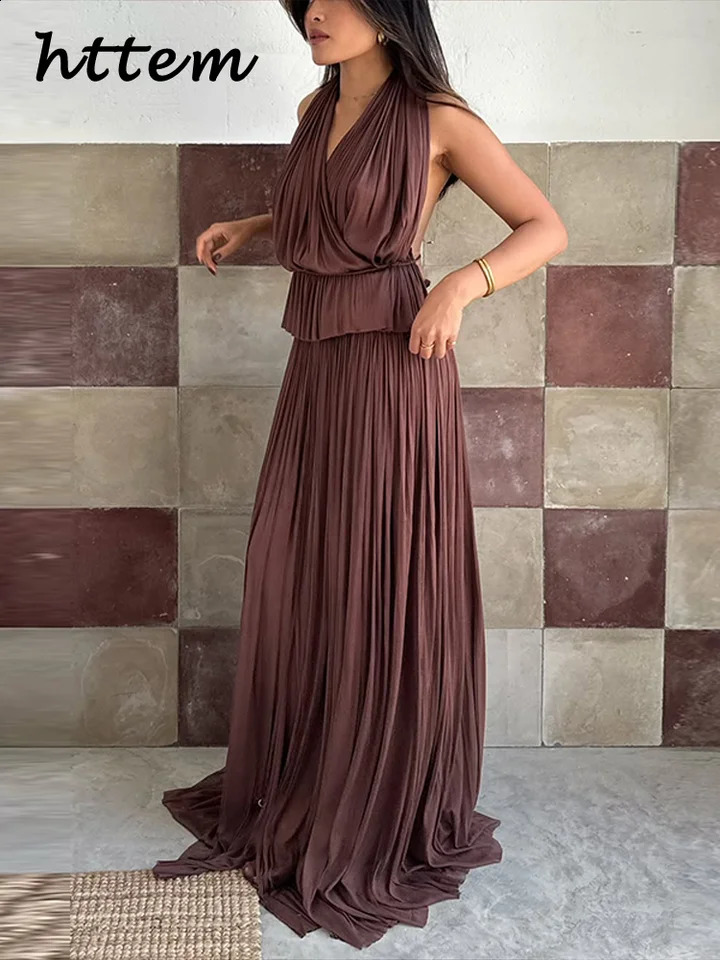 Sexy Backless Halter Vest Skirt Sets Women Beach Lace Up Tops Pleated Elastic Waist Long Skirts 2025 Summer Lady Vacation Outfit 250317