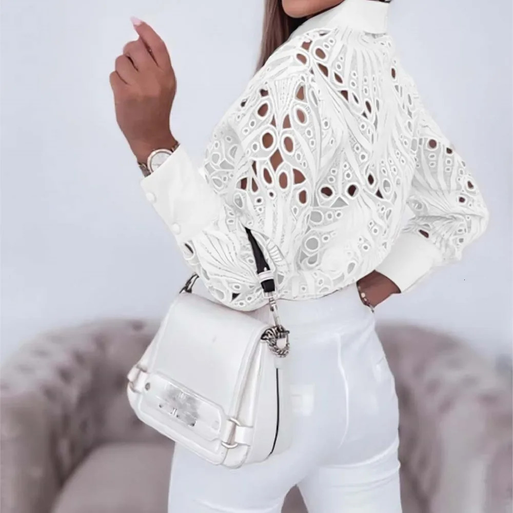 Fashion Lace Hollow Long Sleeve Shirt For Women Spring Autumn Elegant Office Lady Blouse And Tops Casual Button Shirts 250318