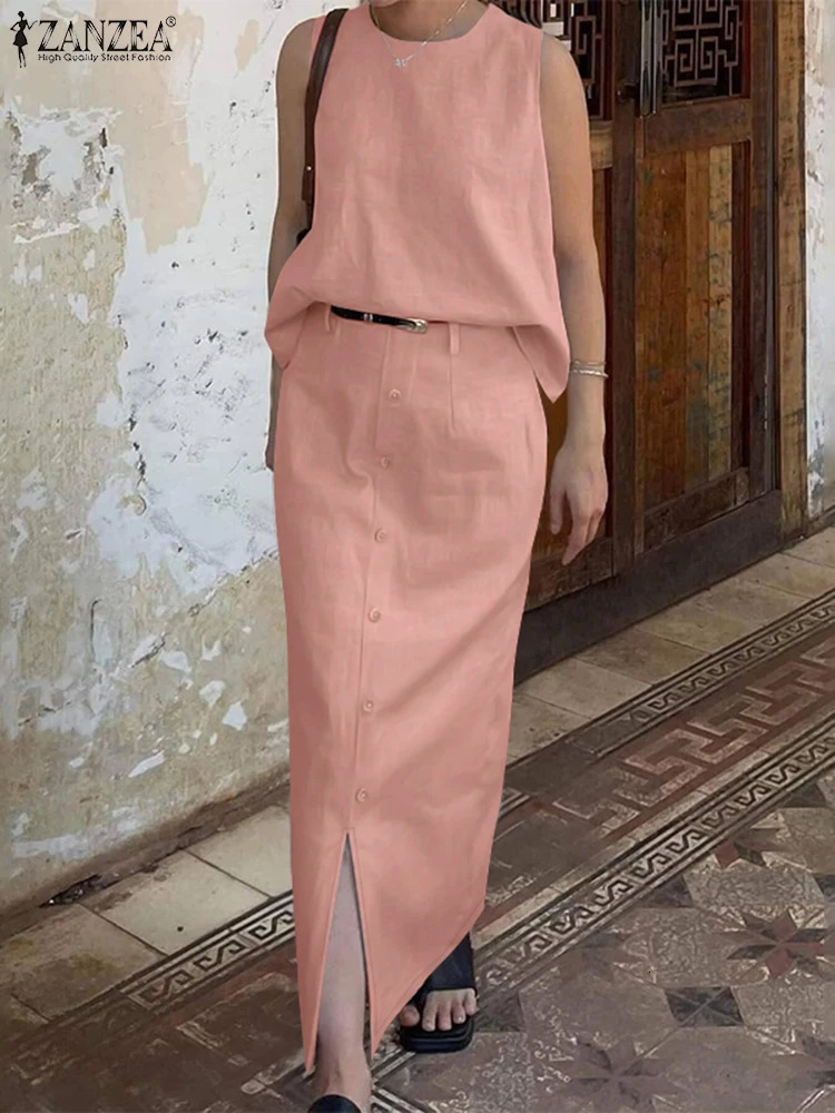 ZANZEA Summer Dress Sets 2PCS Women Outfits Fashion Two Pices Sets Sleeveless Tank Tops Long Skirt Suit Office Lady Matching Set 250324