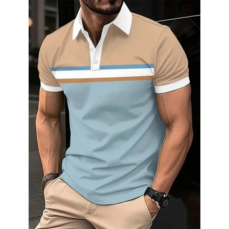 3D Printed Stripes Geometry Polo Shirt For Men Color Block Graphics Short Sleeves T-shirt Casual Button Tops Loose POLO Shirts 250324