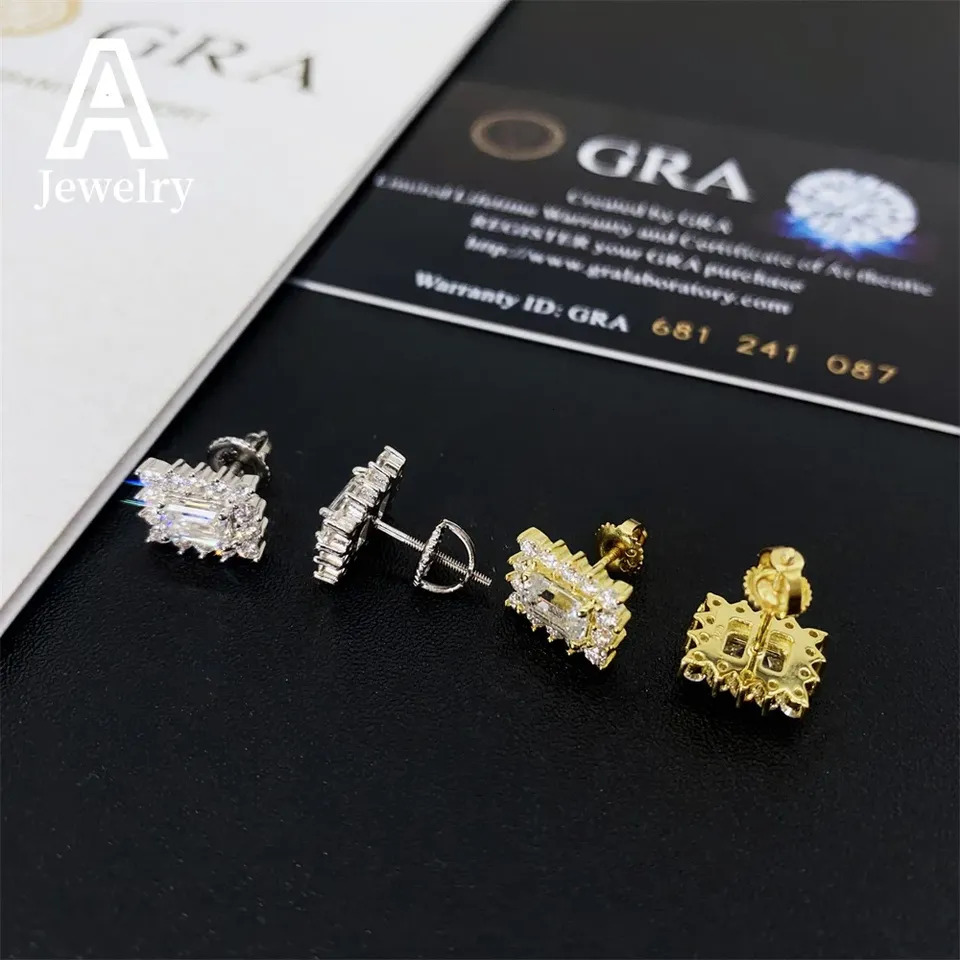 Hip Hop Moissanite Diamond Studs Fashion Silver Jewelry 10*8mm Earrings Baguette cut Lab Diamond Men Women Ear Studs
