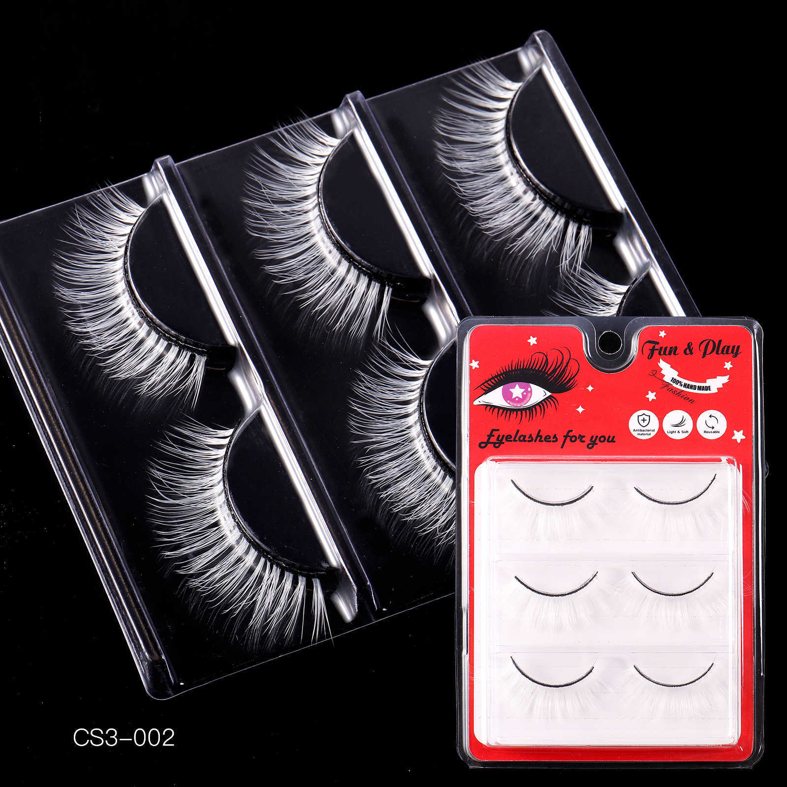 New Exaggerated Holiday Style White False Eyelash 3-Pair Set Long Short Synthetic Eyelash W250324