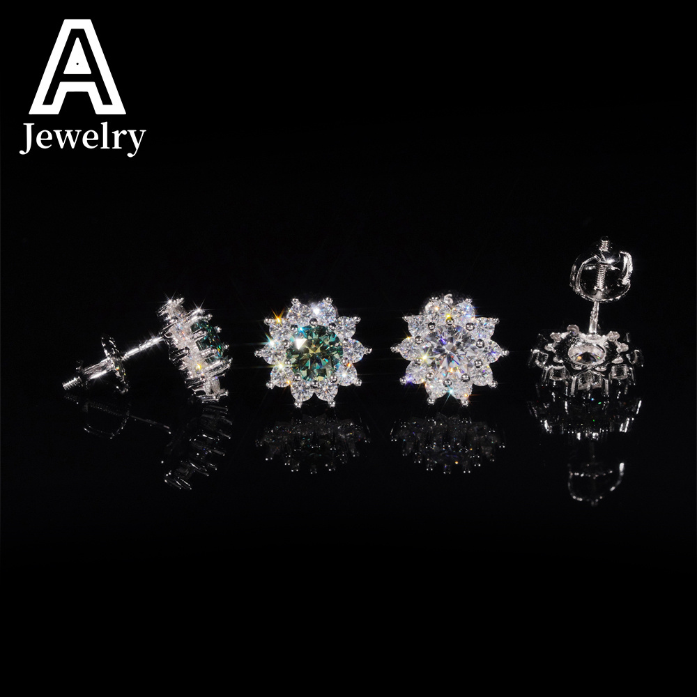Pass Diamond Tester Fashionable Luxurious Sun Flower Earrings 925 Silver Cluster Blue Green Moissanite Stud Earrings