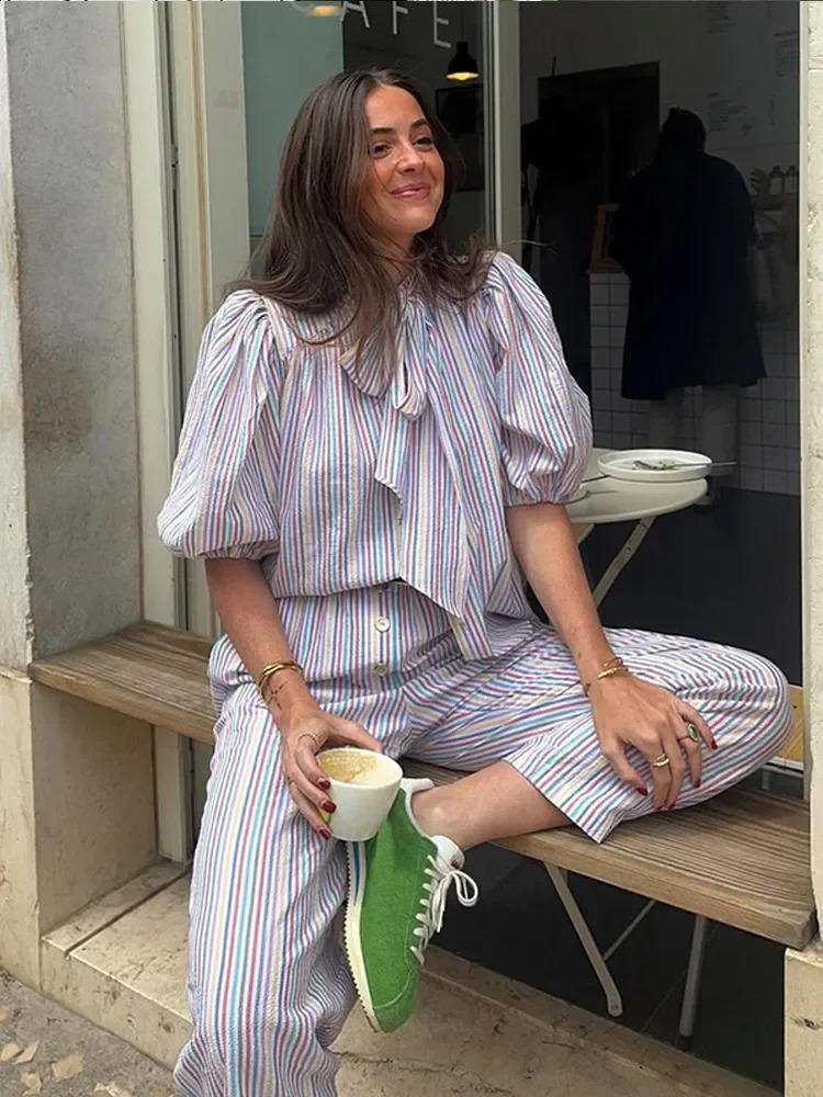 Vintage Women Colorful Stripe Lace Up Bow Shirt Pant Suit Chic Lantern Sleeve Straight Trousers Set Spring Vacation Lady Outfit 250324