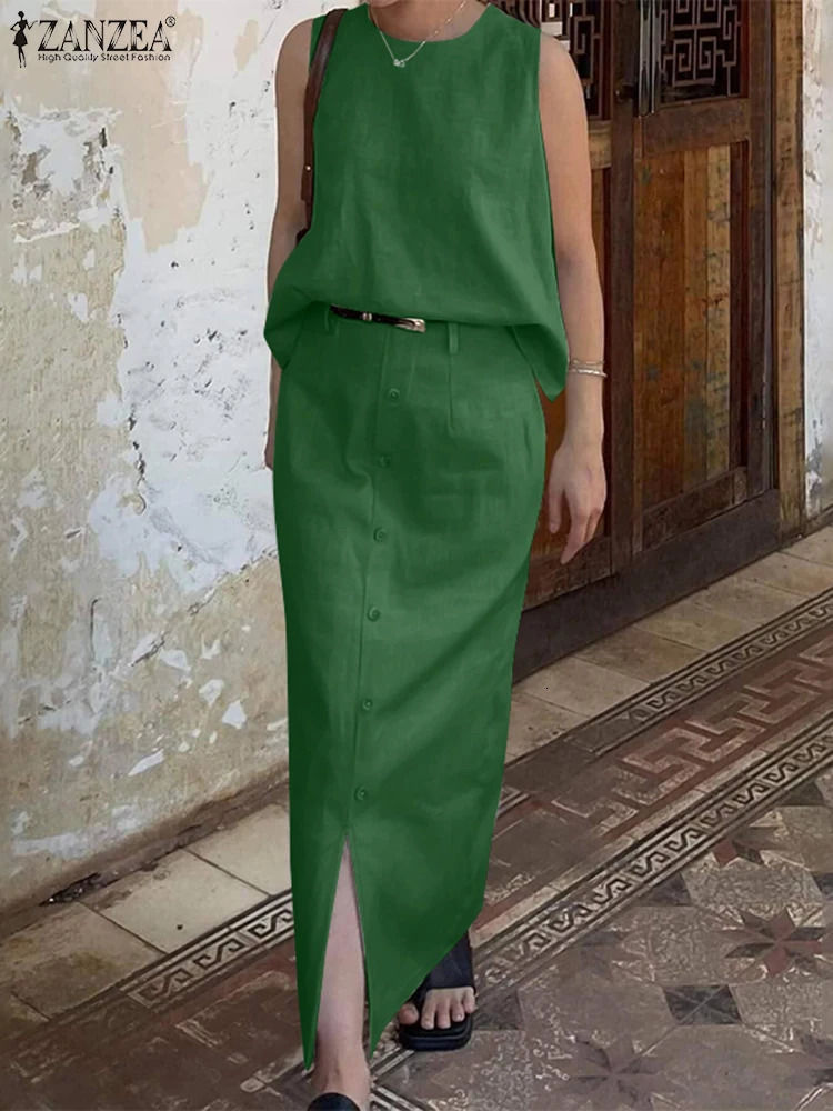 ZANZEA Summer Dress Sets 2PCS Women Outfits Fashion Two Pices Sets Sleeveless Tank Tops Long Skirt Suit Office Lady Matching Set 250324