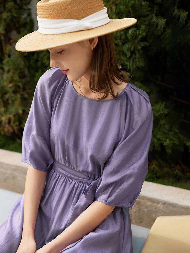 AMII Minimalist Long Dress for Women 2022 Summer New Loose French Style Puff Sleeve O-neck Temperament A-e Vestidos 12240450