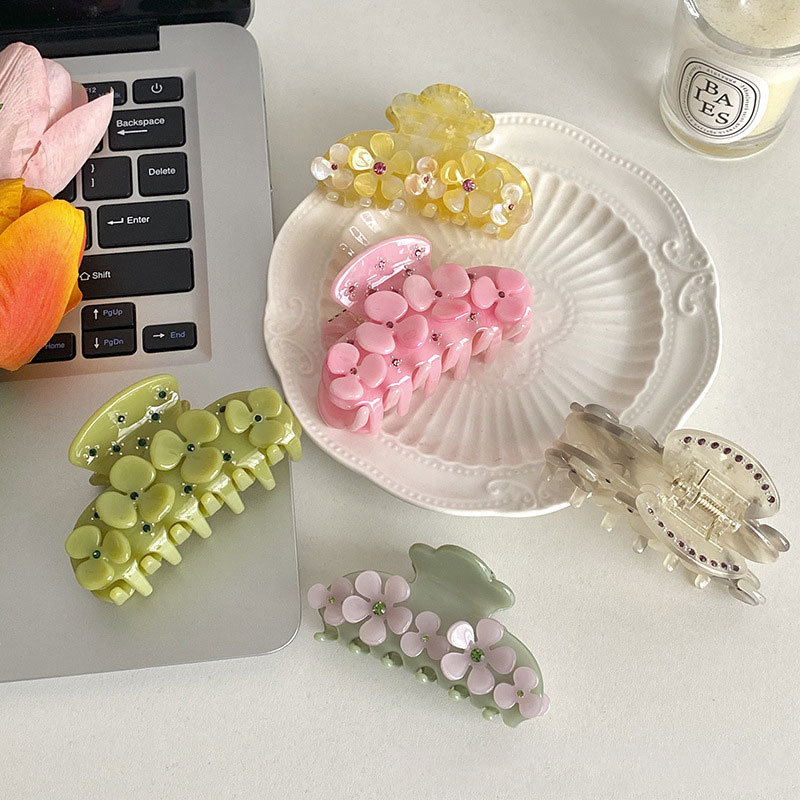 Heavy Acetate Flower Series Small Fresh Medium Acetate Stereoscopic Flowers Colorful Diamonds Hair Grip Female Long Hair Clips