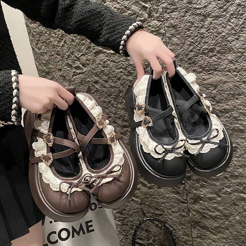 Women's round toe shallow lace cross straps, buckle, bow mid-heel fashion single outdoor Lolita, ladies Mary Jane shoes