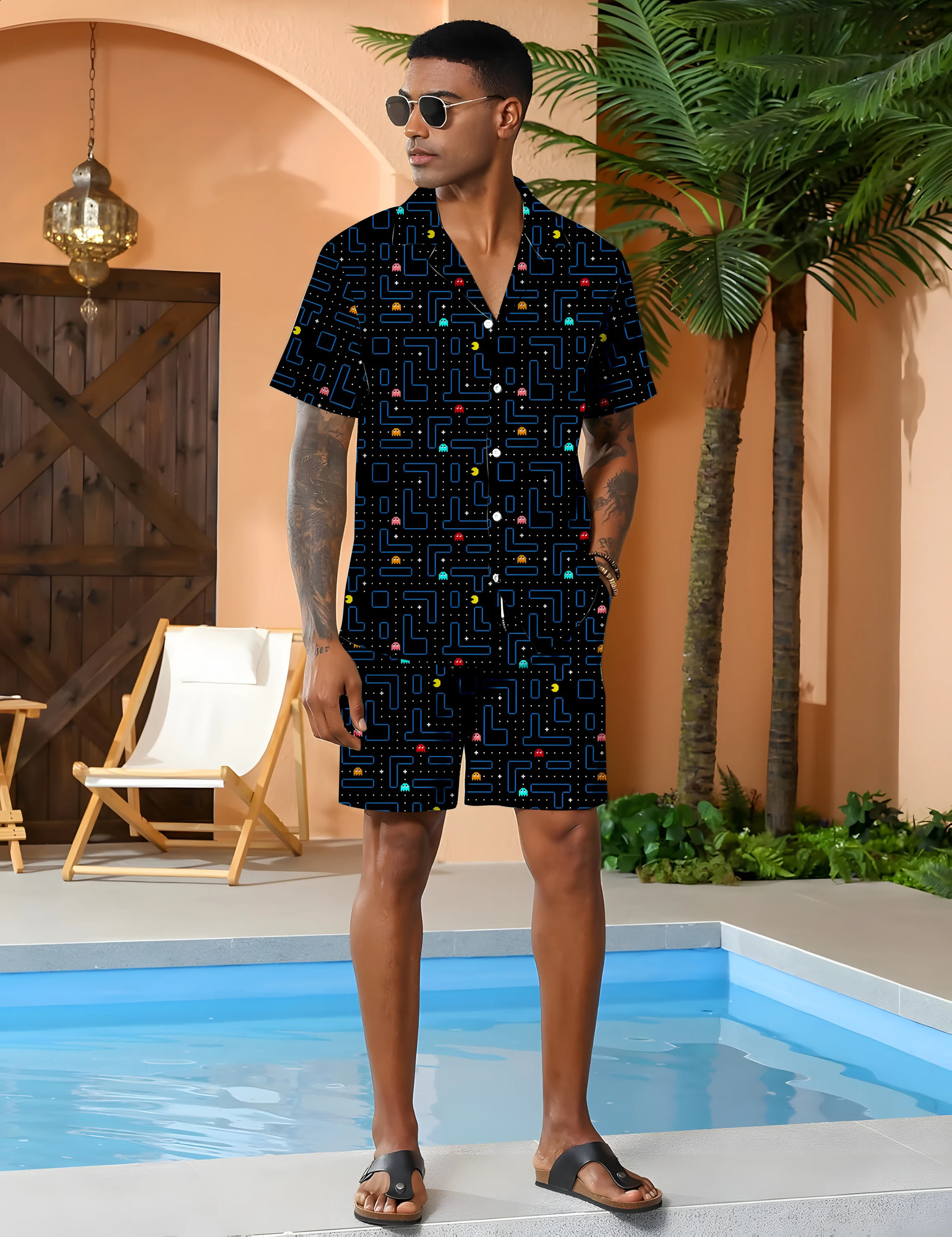 mens casual suit for summer Thin and skin friendly short sleeved shorts Game track pattern non fading clothes 250321
