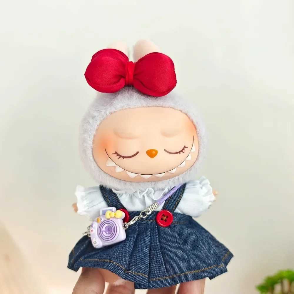 17cm Labubu doll accessory denim skirt with red bow headband setXJ250324