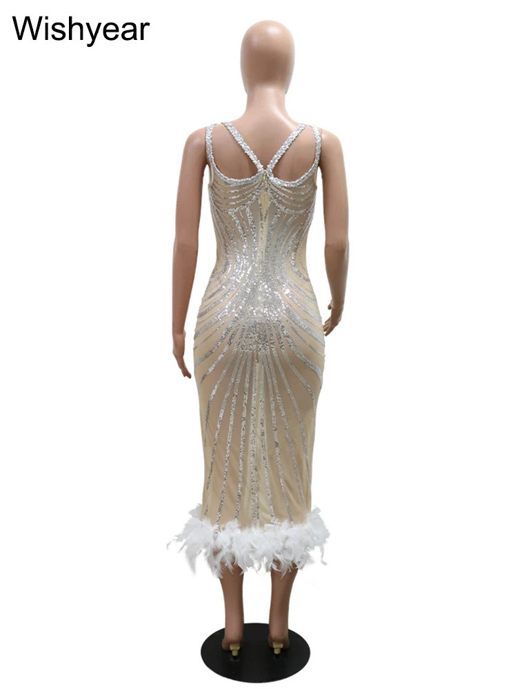 Sequined Feather Spaghetti Strap Birthday Bodycon Long Dress Woman Elegant Evening Sexy Wedding Guest Party Gowns Dresses 250320