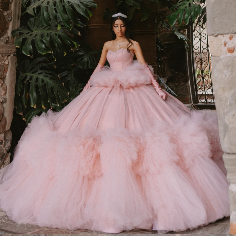 Pink Princess Quinceanera Dresses Beads Tull Tiered Sweet 16 Dress Sweetheart Off Shoulder Ball Gown Vestidos 15 De Anos
