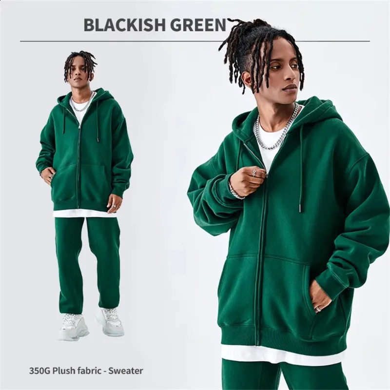 Basic Winter Men Fleece Zipper Hoodies Unisex Casual Loose 350gsm Warm Solid Hooded Sweatshirts Coats 18 Colors 250322