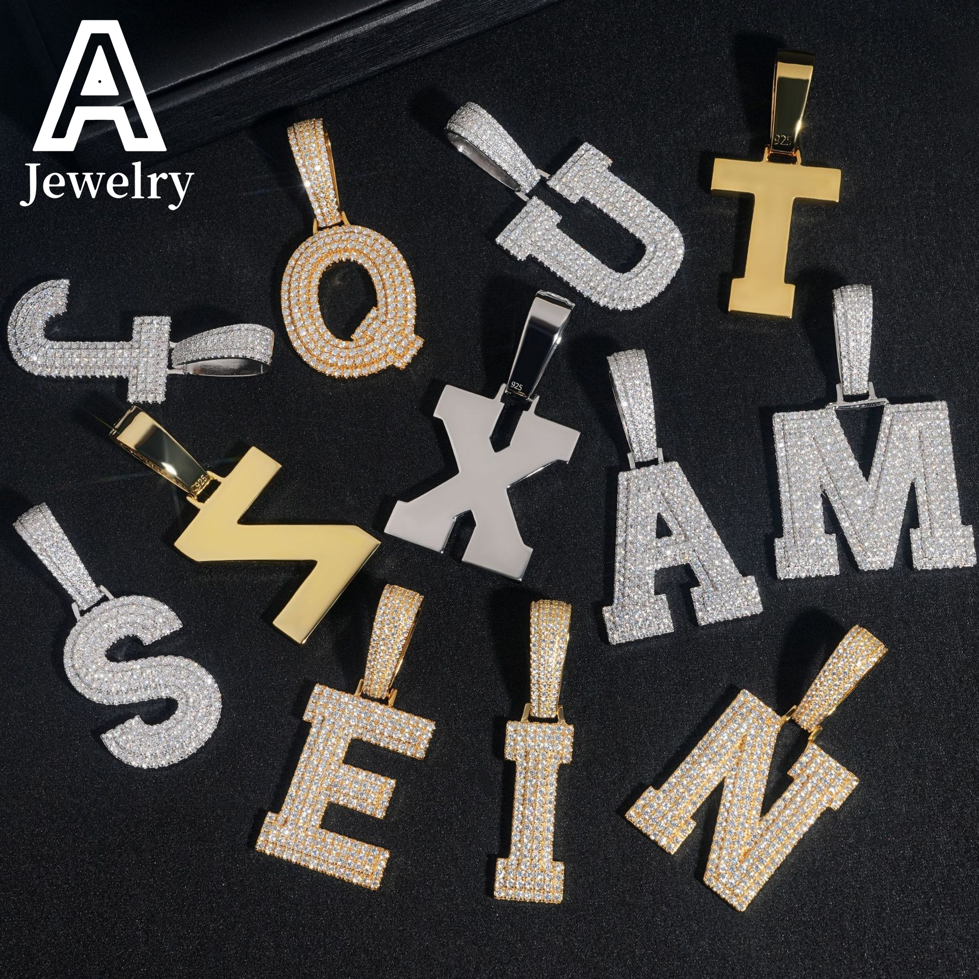 Iced out hip hop fashion jewelry A-Z 26 letter moissanite pendants custom initial pendant 925 silver jewelry