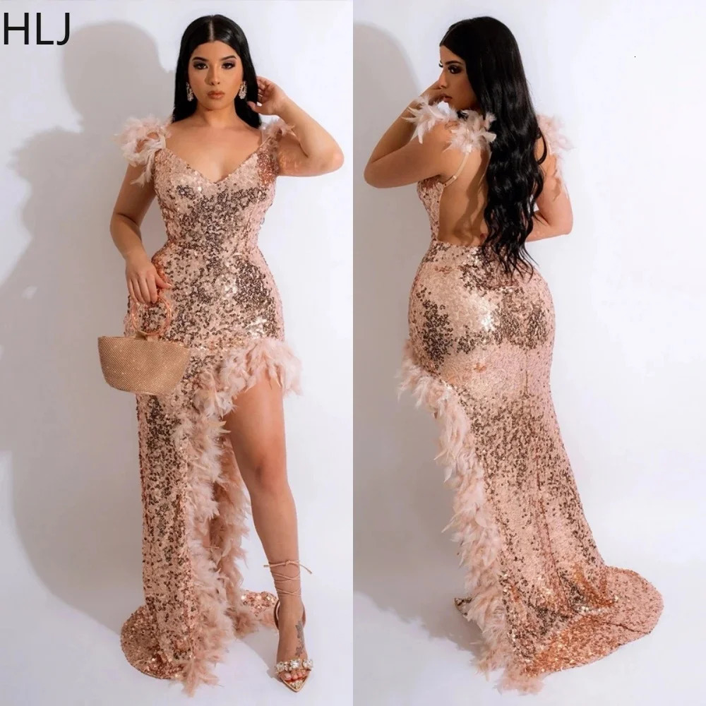 HLJ Sexy Night Club Formal Ball Dress Elegant Gold Glitter Feather Long Womens Backless High Seam Cocktail Party Vest 250320