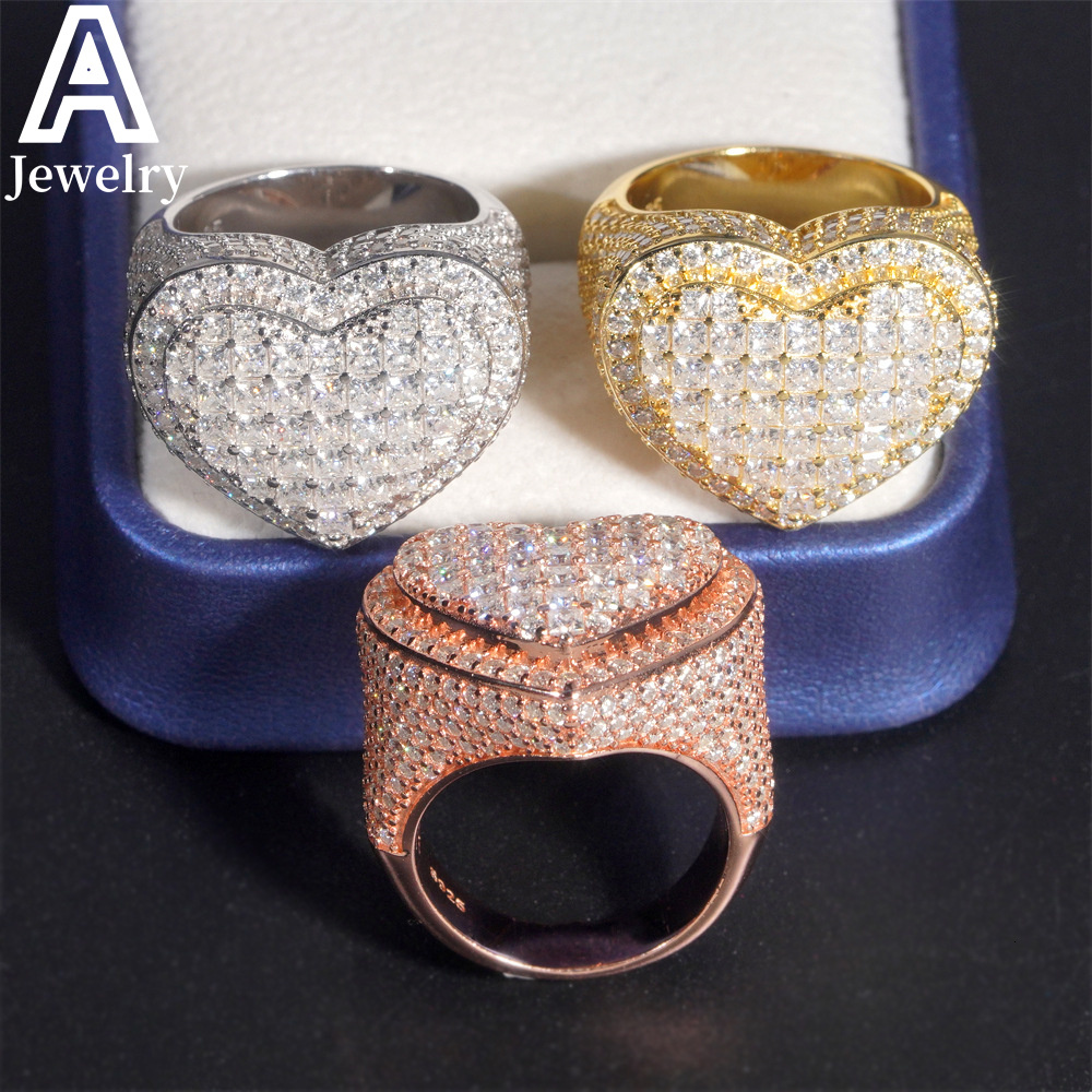 Hip Hop VVS Moissanite Trendy Heart Shape Rings 925 Silver Diamond Engagement Rings For Men Women