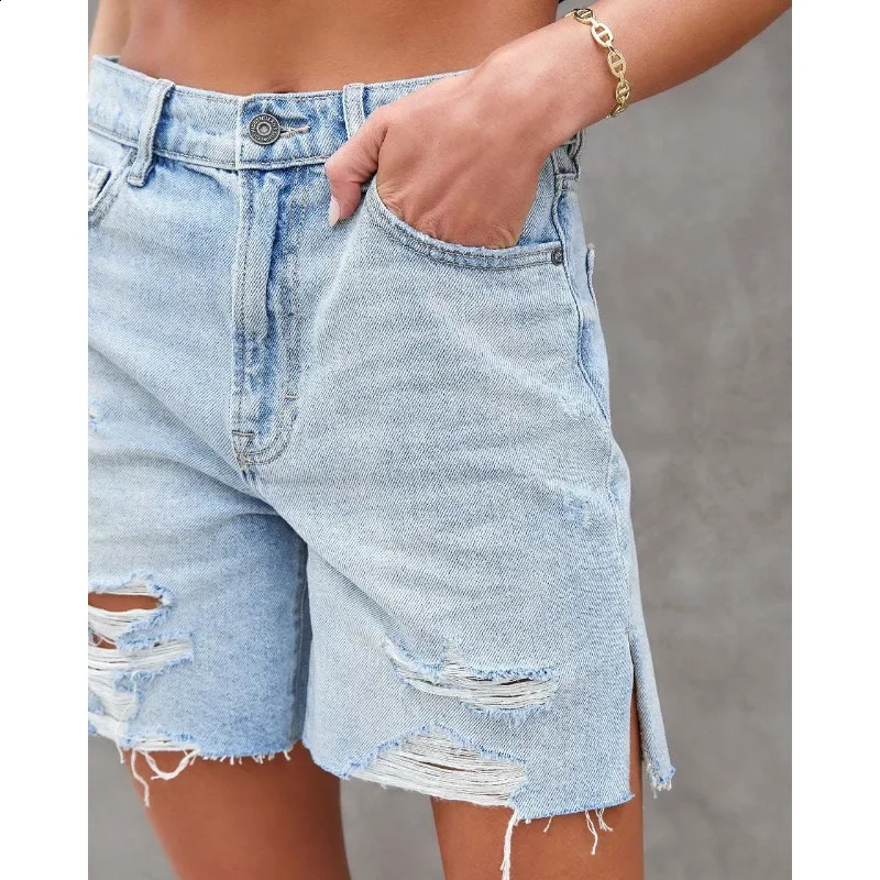 2025 Summer Womens Street Trendy Washed Hole Side Split Cowboy Pentagram Pants European and American Casual Shorts for Women 250322