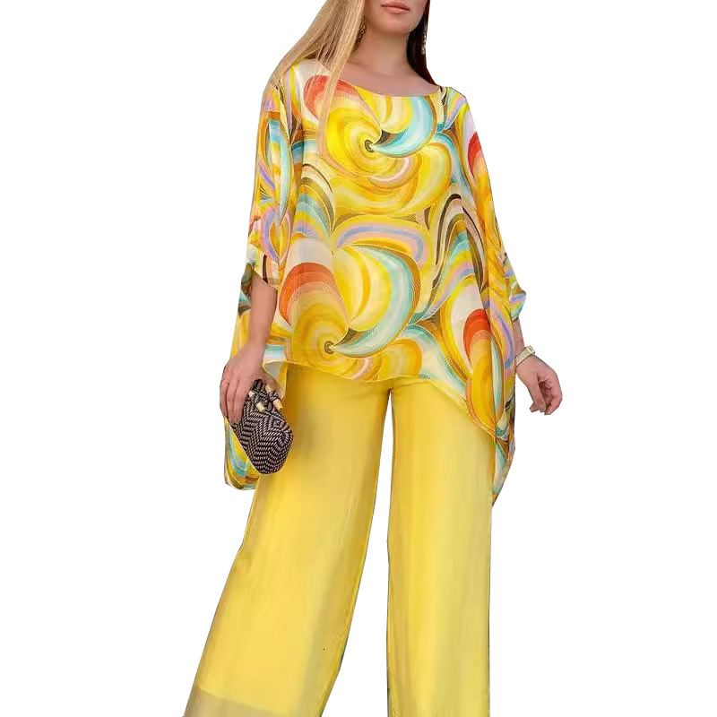 2025 Summer New Colorful Chiffon Casual Wide Leg Pants Round Neck Printed Two Piece Set