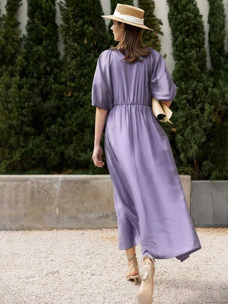AMII Minimalist Long Dress for Women 2022 Summer New Loose French Style Puff Sleeve O-neck Temperament A-e Vestidos 12240450