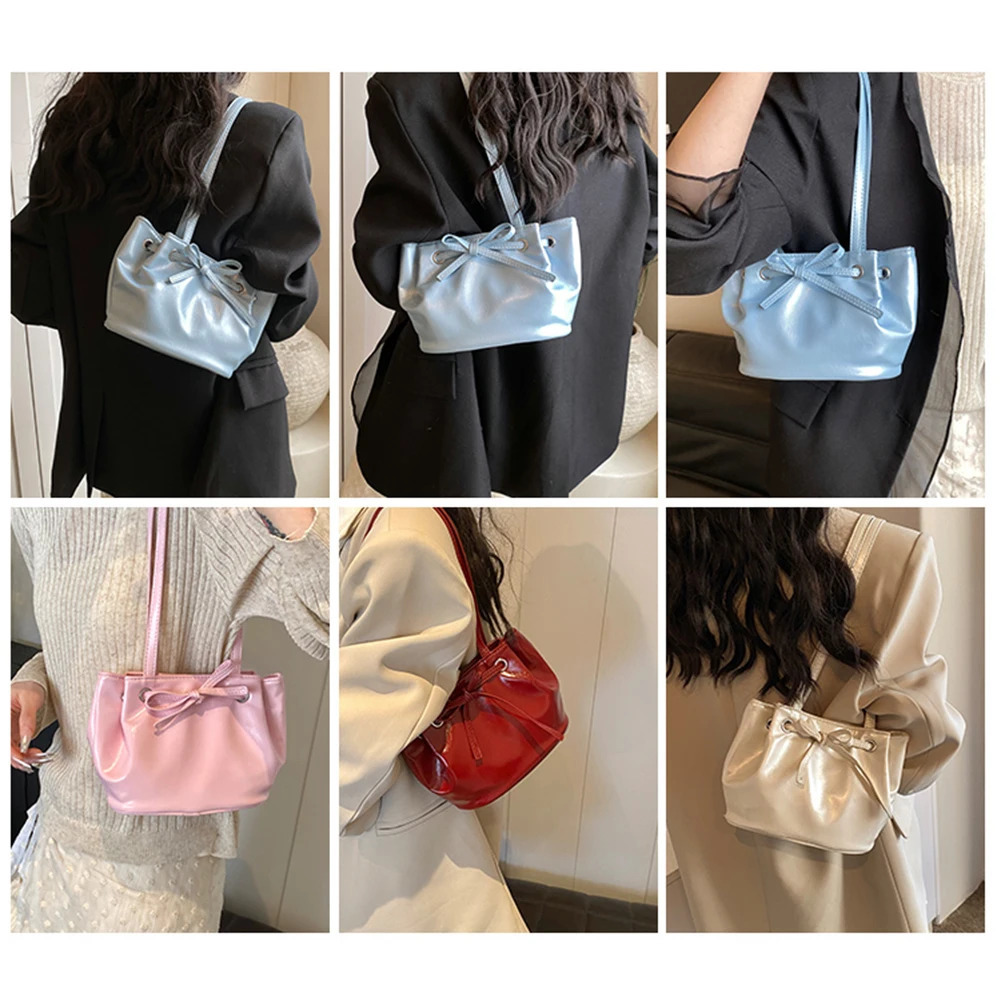 Womens Fashion Tramp Bag Large Capacity PU Bow Lower Arm Bag Casual Clutch Handbag Solid Color Simple Bucket Handbag Party Vacation 250320