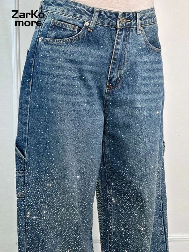 Retro Rhie Baggy Women's Women Blue Waist Straight Wide Leg Pocket Denim Jeans 2025 Spring High Street Y2k Outwear