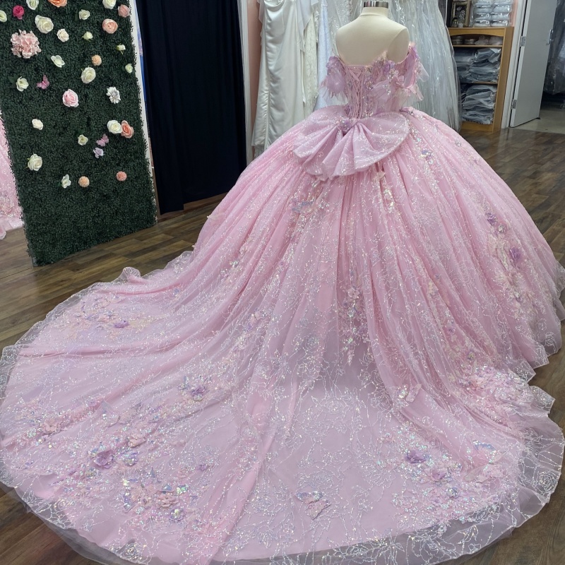 Pink Shiny Sweetheart Quinceanera Dresses Off The Shoulder Sequin Applique Lace Beads Bow Tulle Corset Vestidos De 15 Anos Sweet 16 Dress