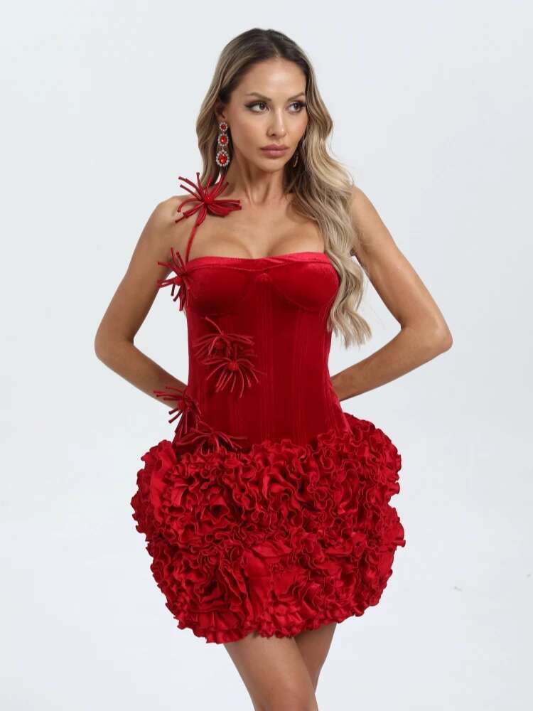 Women's Wer Skirt Two Piece Set Sexy Halter Ral Black Red Corset Top + Mini Skirts Lace-Up Suits Celebrity Party Tail