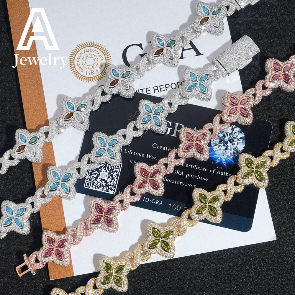 New Arrival Colorful Natural Gemstones Cuban Link Bracelet 15MM Hip Hop Jewelry Silver Marquise Moissanite Cuban Bracelet