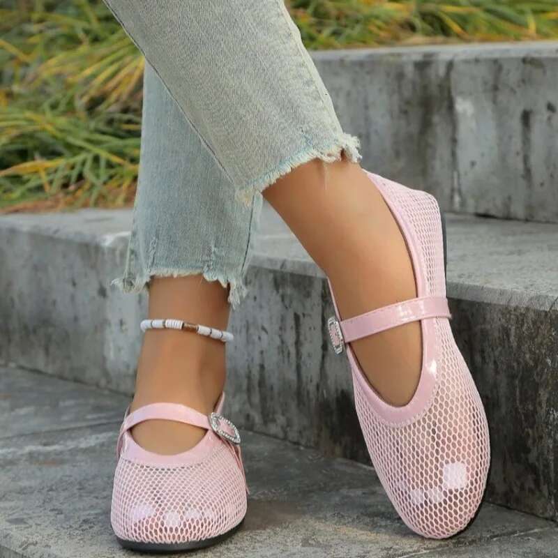 Summer Hollow Mesh Women Ballet Flats Round Toe Mary Jane Shoes Breathable Sandals 2025 Solid Color Buckle Strap Ladies Footwear