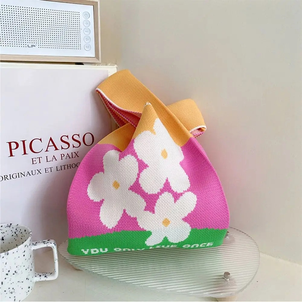 Handmade Knitted Handbag Womens Mini Knot Wrist Bag Casual Colorful Flower Handbag Student Reusable Shopping Bag 250320