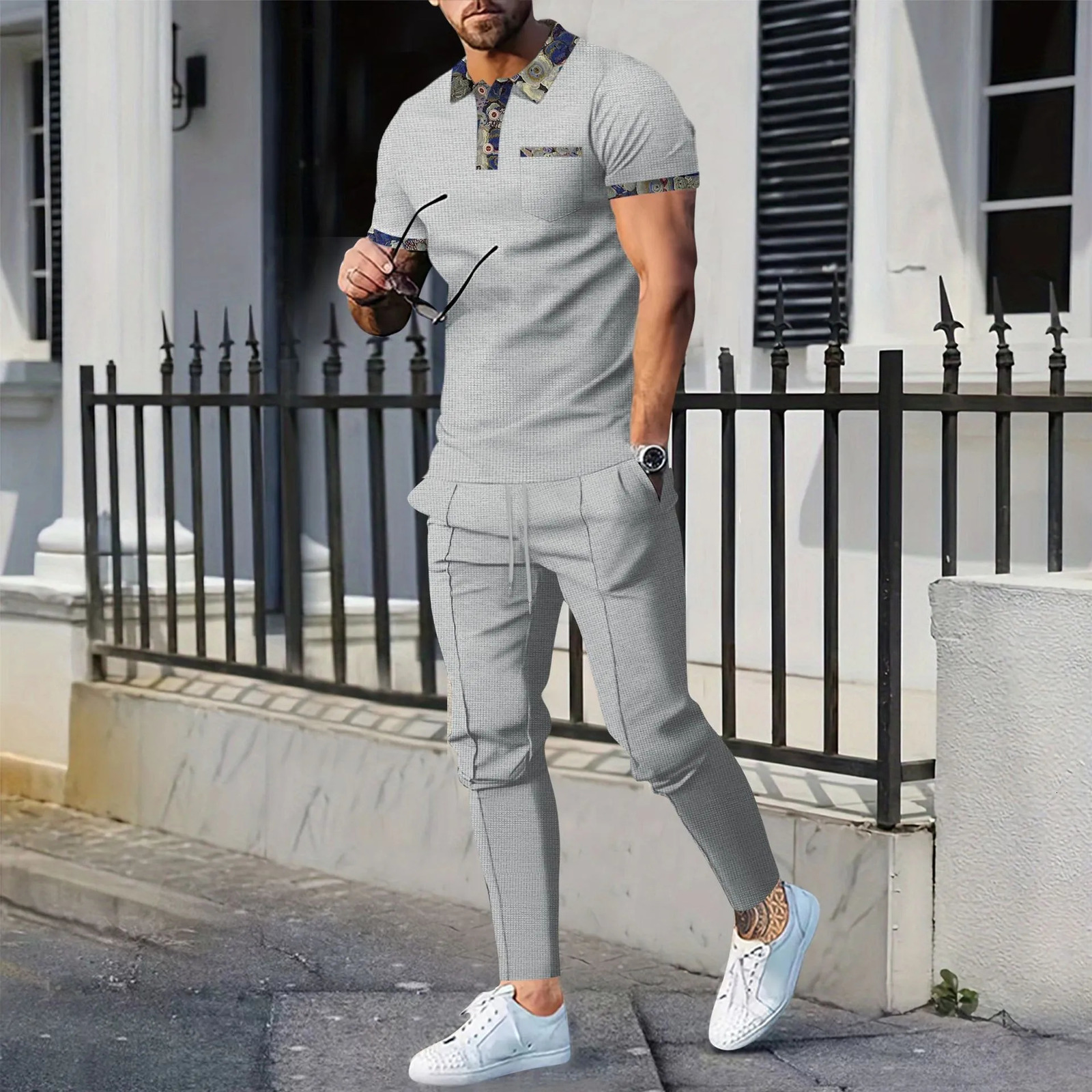Summer Mens Casual waffle collar color matching pocket short sleeved casual pants set 250324
