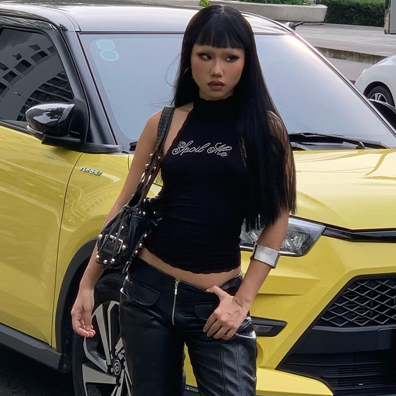 2025 New Lace Designer Vest Paired With Hot Diamond Letters For Spring Slim Fit Women's Sexy Open Neck Top