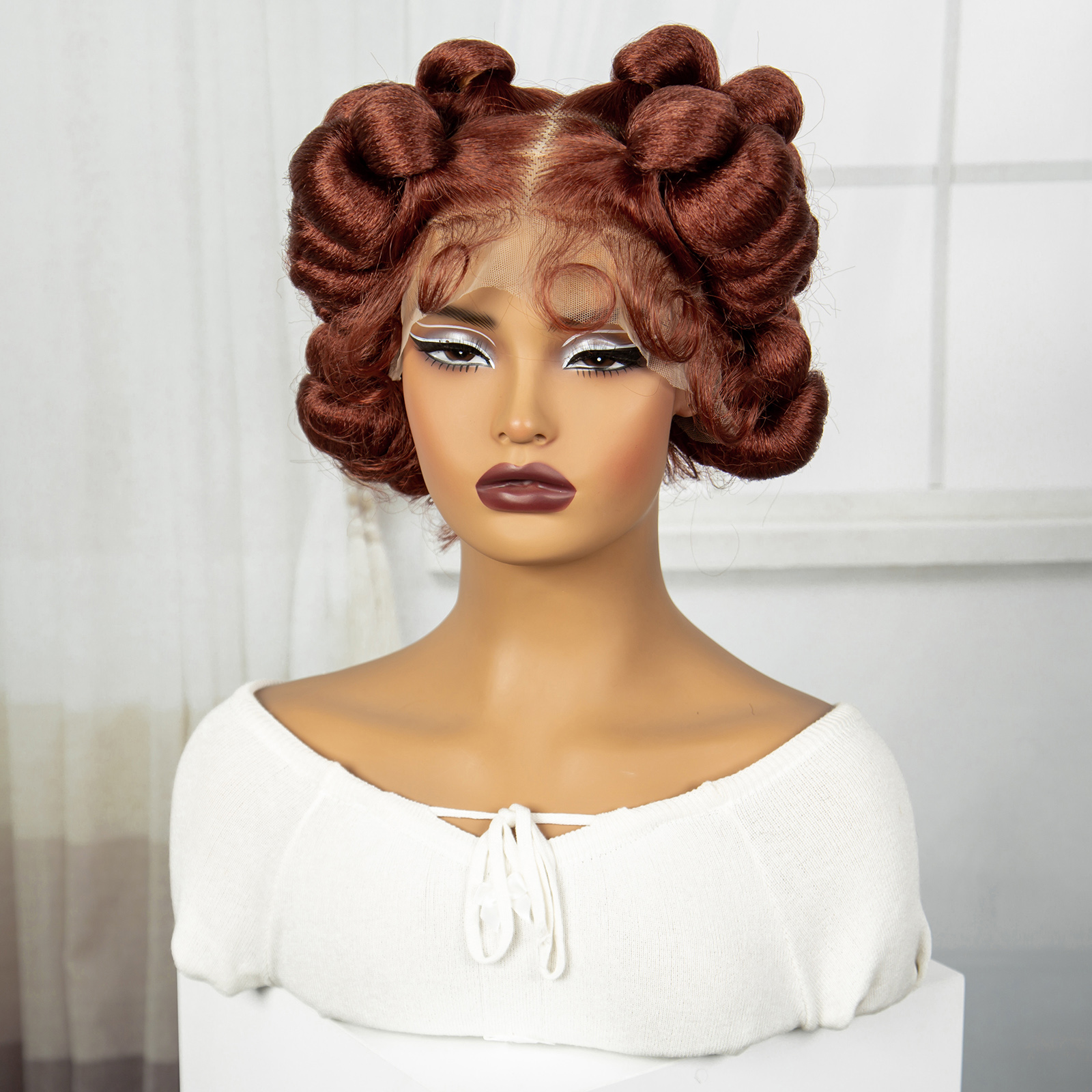 350# Reddish Brown Color 6inch Transparent Full Lace Braided Wigs Short Cute Handmade Bantu Synthetic Braided Lace Wigs Knotless Braids Wig