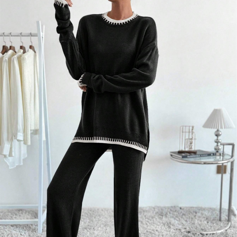 2025 Spring New Casual Women's Wear Color Contrasting Knitted Sweater Pants Two Piece Set