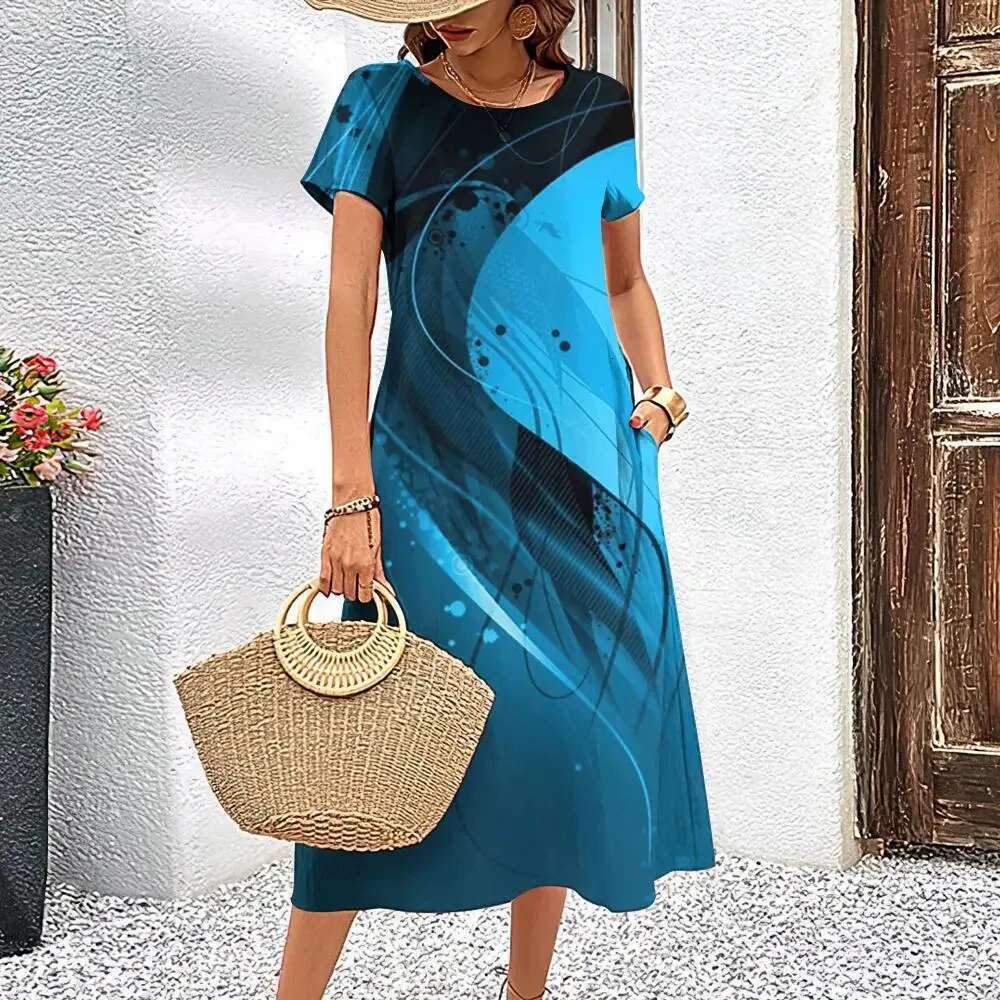 Elegant Women Dress Summer Short Sleeves Dresses Streaks Printed Woman Clothing Loose A-E Skirt Casual Round Collar Pullover