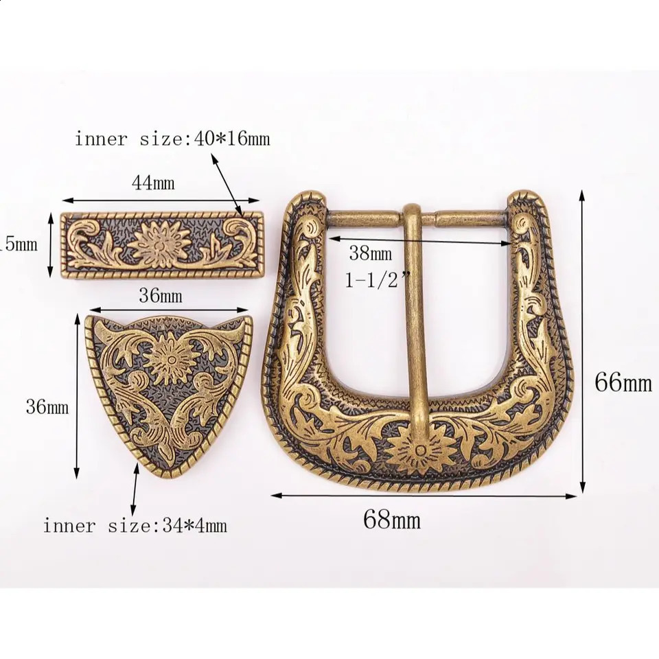 Antique Brass Floral Rope Side Rodeo Western Cowboy Three Piece Set Leathercraft Belt Buckle Unisex 1 1/2 250318