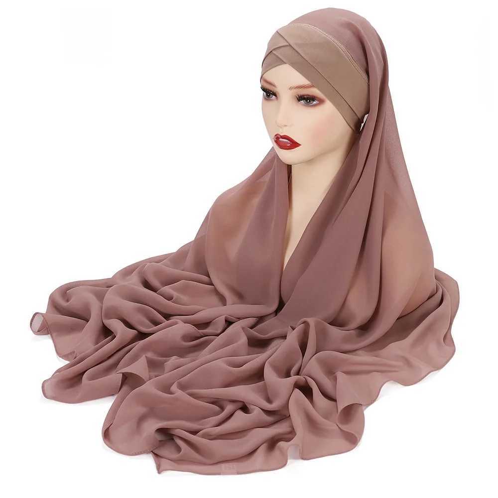 Instant Chiffon Headscarf with Cross Knitted Hat Brand Design Muslim Scarf Islamic Underwear 175X70CM X2503241