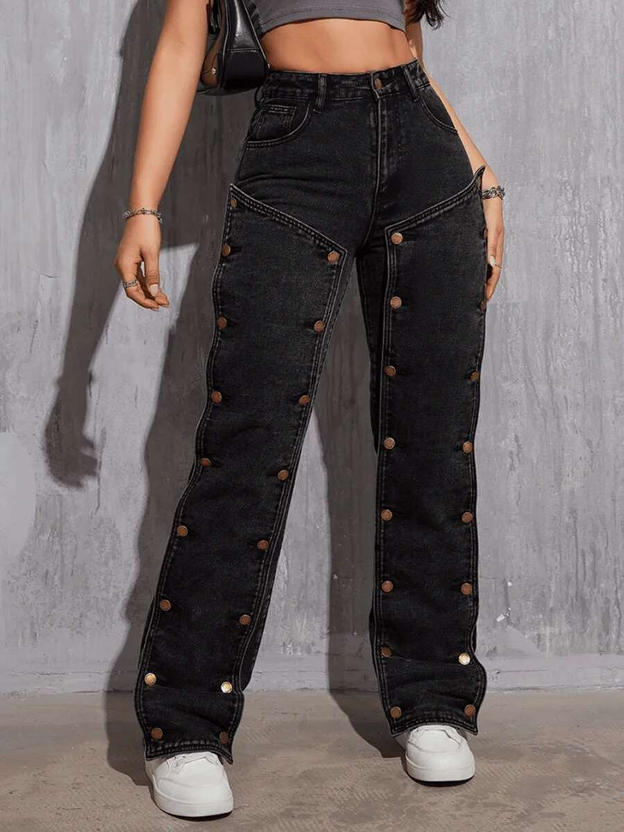 Reddachic Deconstructed Buttons Women Black Jeans Vintage Wash Irregular Low Waist Straight Cargo Pants Hiphop E-Girl Streetwear