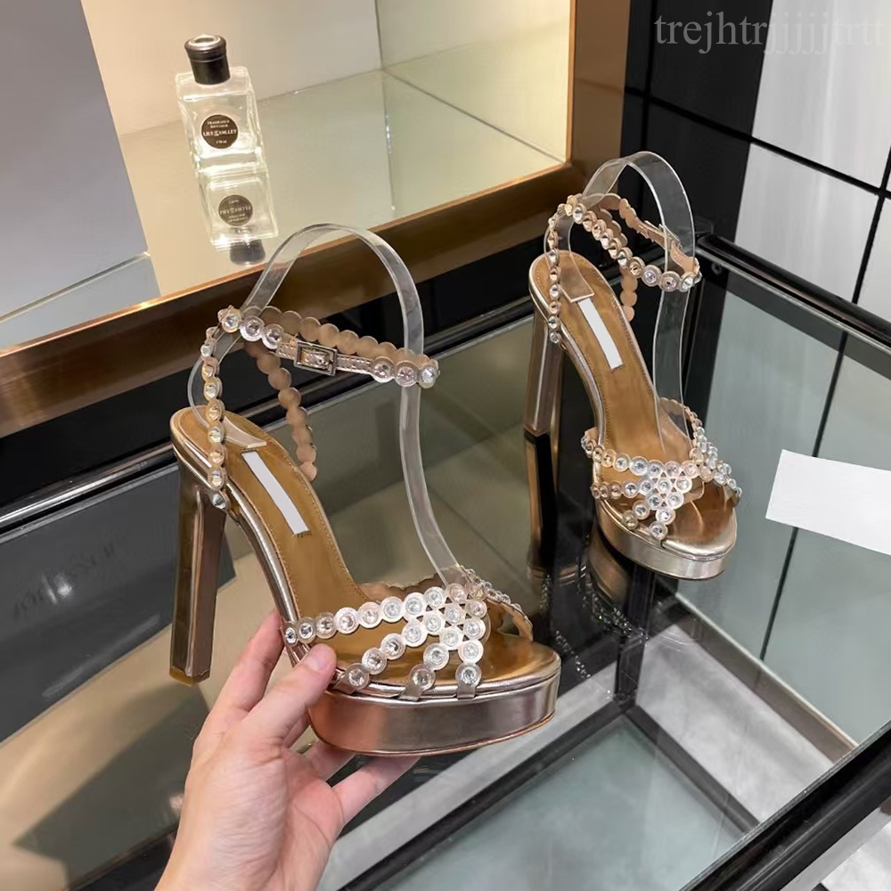 Womens Chunky Heel Waterproof Platform Sandals Genuine Leather Rhinestones Ankle Strap Open Toe Party Evening Shoes Luxury designer high heels