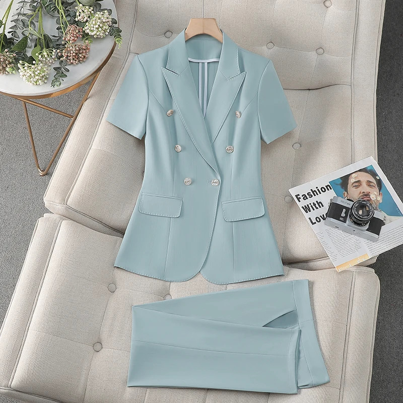 ZJYT Fashion Spring Summer Pant Suit Women Office Business Formal Short Sleeve Blazer Trousers Set 2 Piece Outfit Pink Plus Size 250324