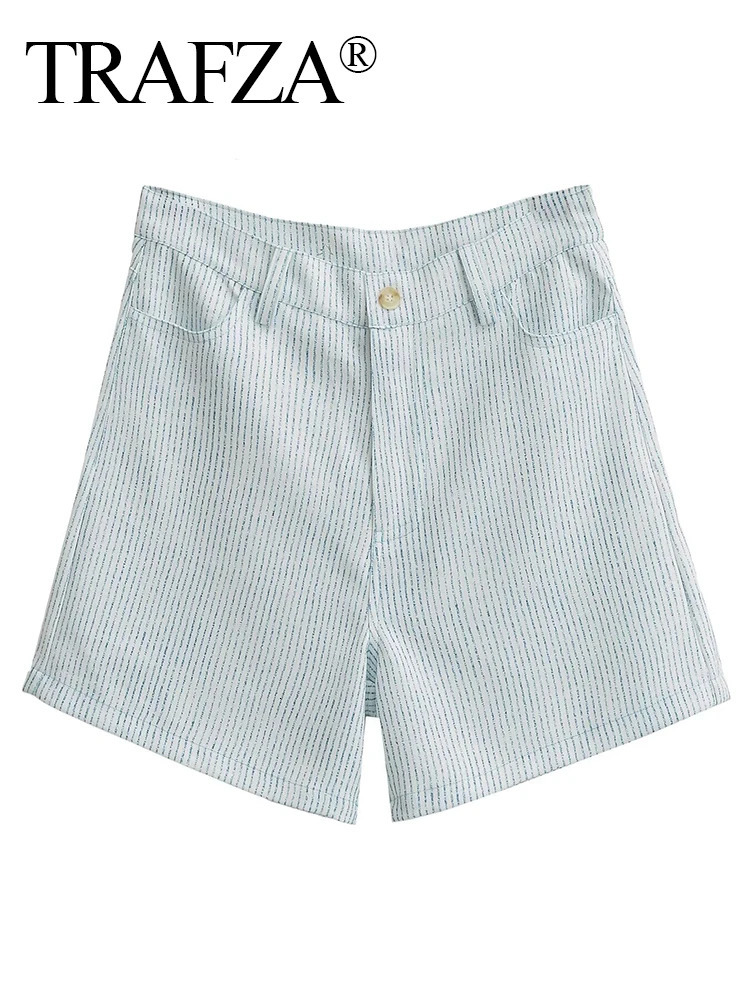 TRAFZA Womens Casual Striped Tank Top Short 2024 Elegant Vneck Single Chest Pocket TopHigh Waist Weight Loss Street Set 250322